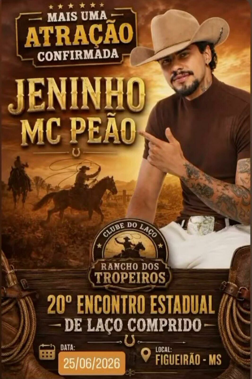 Imagem de compartilhamento para o artigo MC Peão, Jeninho é atração confirmada no 20º Encontro Estadual de Laço Comprido de Figueirão da MS Todo dia